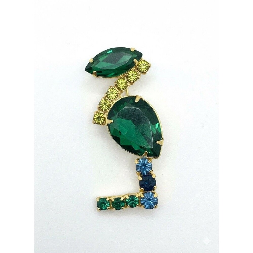 Vintage Style Rhinestone Flamingo Brooch Pin Green Gold Blue
